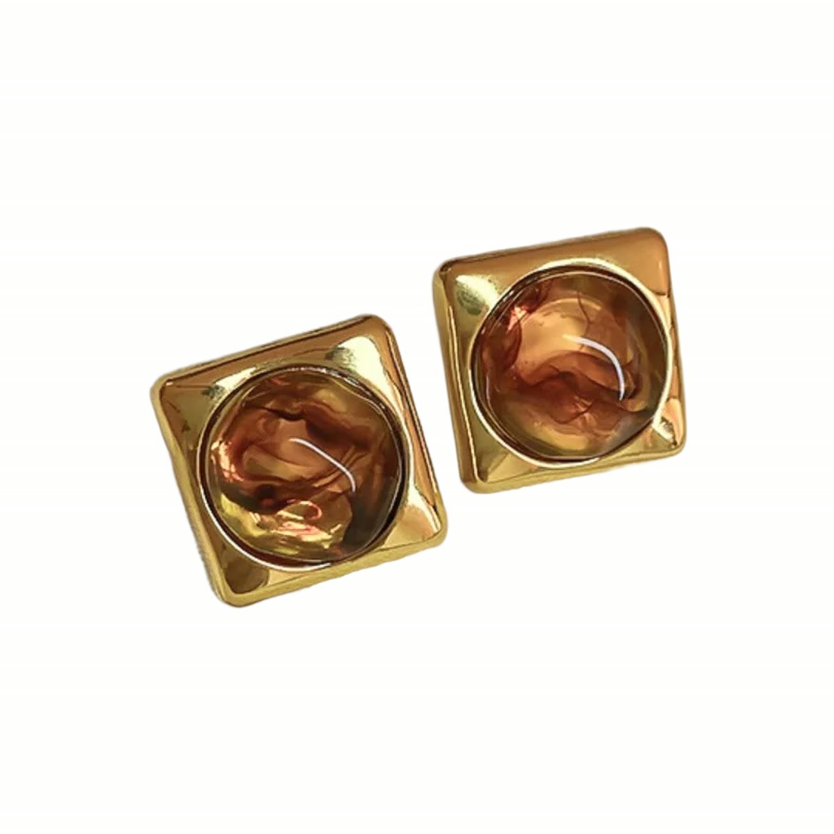 Square gold earrings with round amber centers