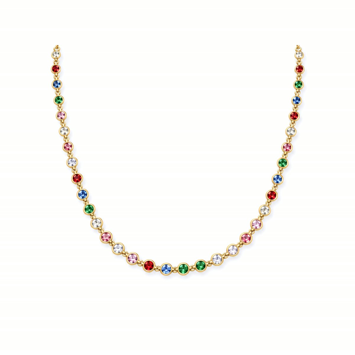 A gold necklace set with round stones in many colors