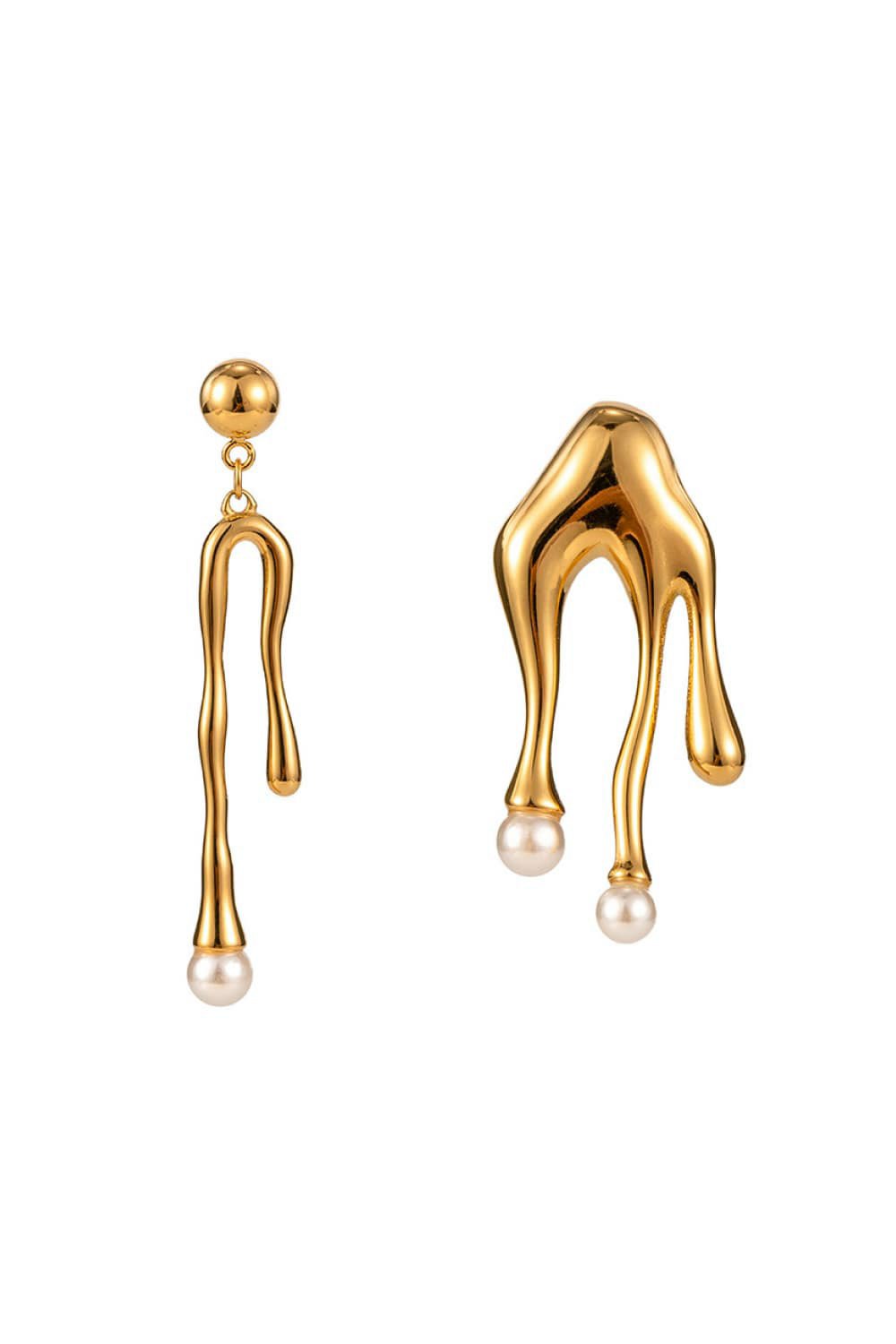 Gold drip earrings with a pearl at each end
