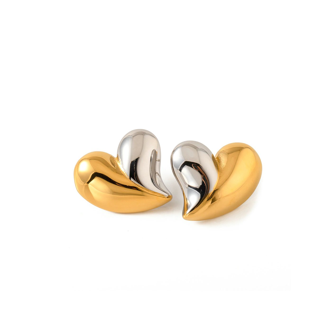 Heart-shaped stud earrings, half gold and half silver